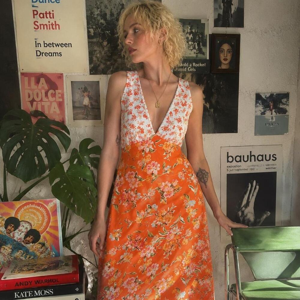 en elly Orange Floral Empire Waist Maxi Dress S Boho